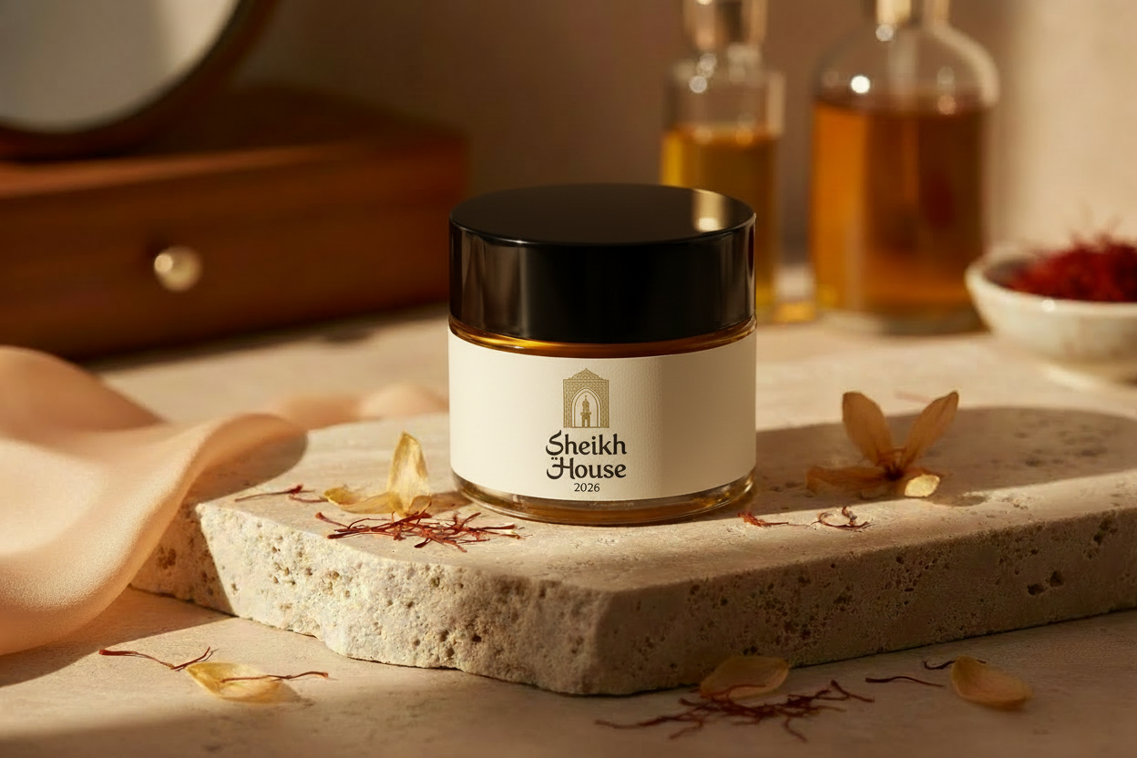 Saffron Glow Cream with label-style Sheikh House branding and black lid